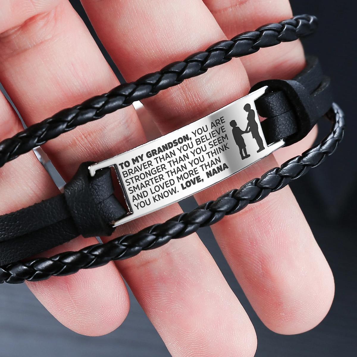 Nana to Grandson engraved steel and leather bracelet with heartfelt message and luxury gift bag.