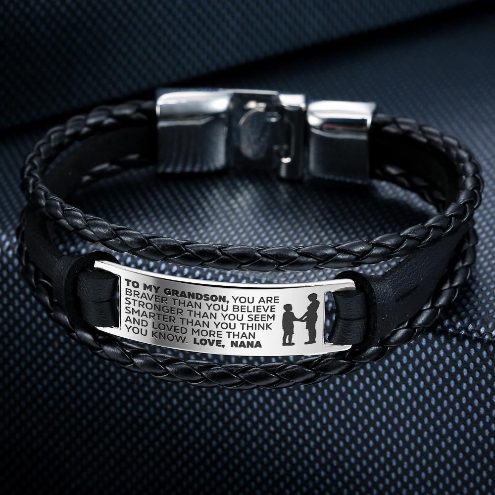 Nana to Grandson engraved steel and leather bracelet with heartfelt message and luxury gift bag.