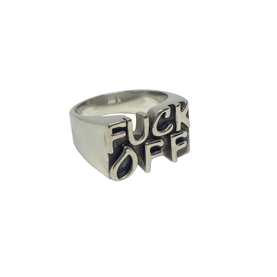 FUCK OFF Stainless Steel Ring showcasing its bold design and shiny finish, perfect for making a statement.