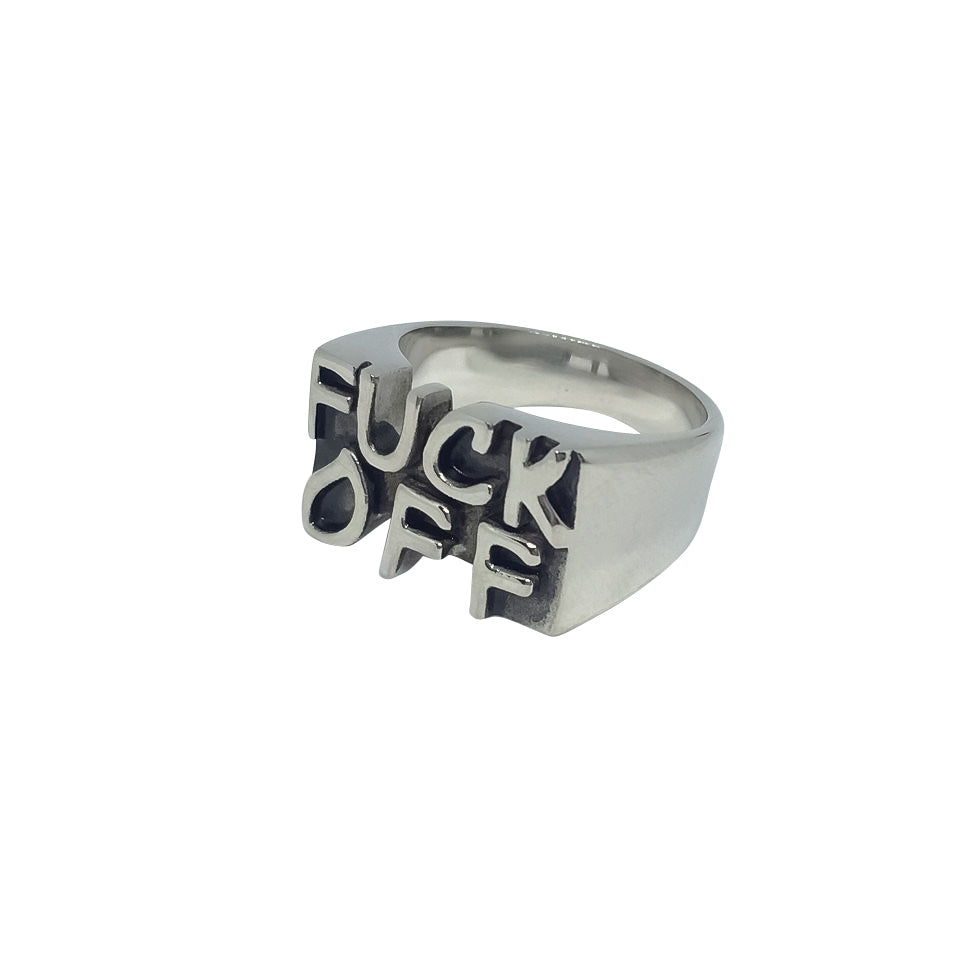 FUCK OFF Stainless Steel Ring showcasing its bold design and shiny finish, perfect for making a statement.