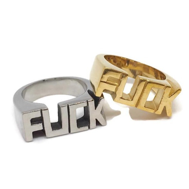 FUCK Stainless Steel Ring showcasing its bold design and shiny finish, available in various sizes and colors.