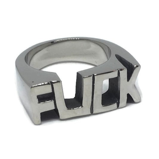 FUCK Stainless Steel Ring showcasing its bold design and shiny finish, available in various sizes and colors.