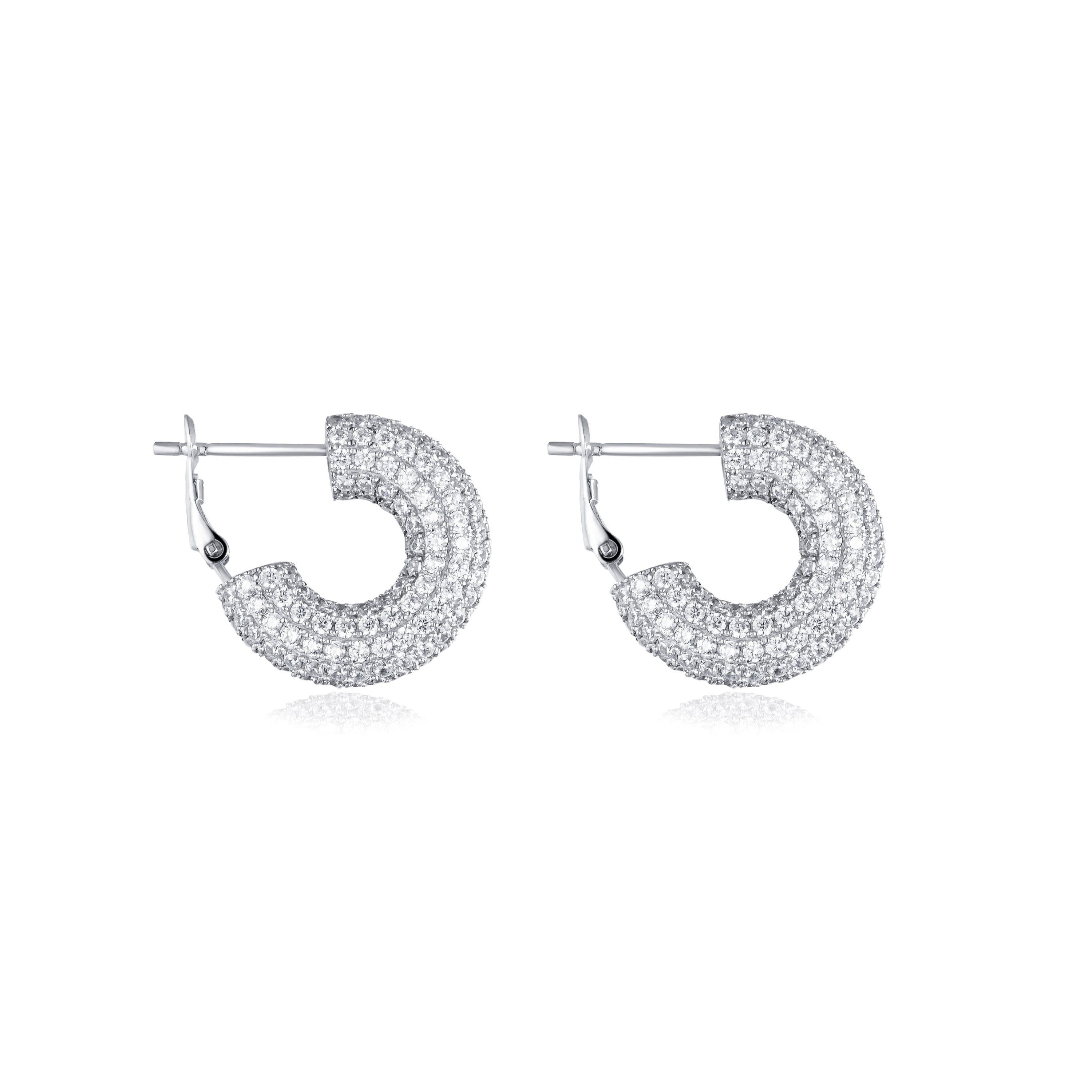 Full pave sparkling earrings made of 925 sterling silver with white sapphires, showcasing a luxurious design and brilliant shine.