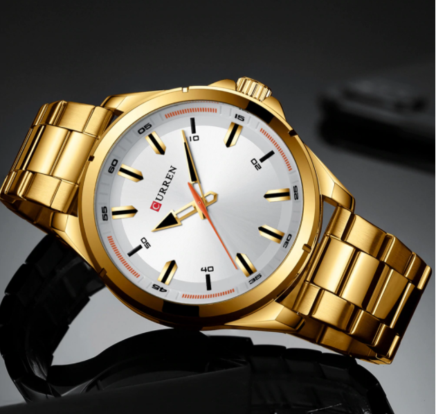 Fulgent Curren Classic Metal Watch with golden stainless steel bracelet and ash-white dial, showcasing prominent hour indicators.