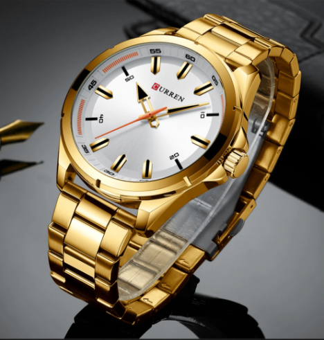 Fulgent Curren Classic Metal Watch with golden stainless steel bracelet and ash-white dial, showcasing prominent hour indicators.