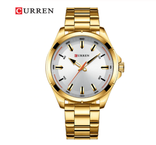 Fulgent Curren Classic Metal Watch with golden stainless steel bracelet and ash-white dial, showcasing prominent hour indicators.