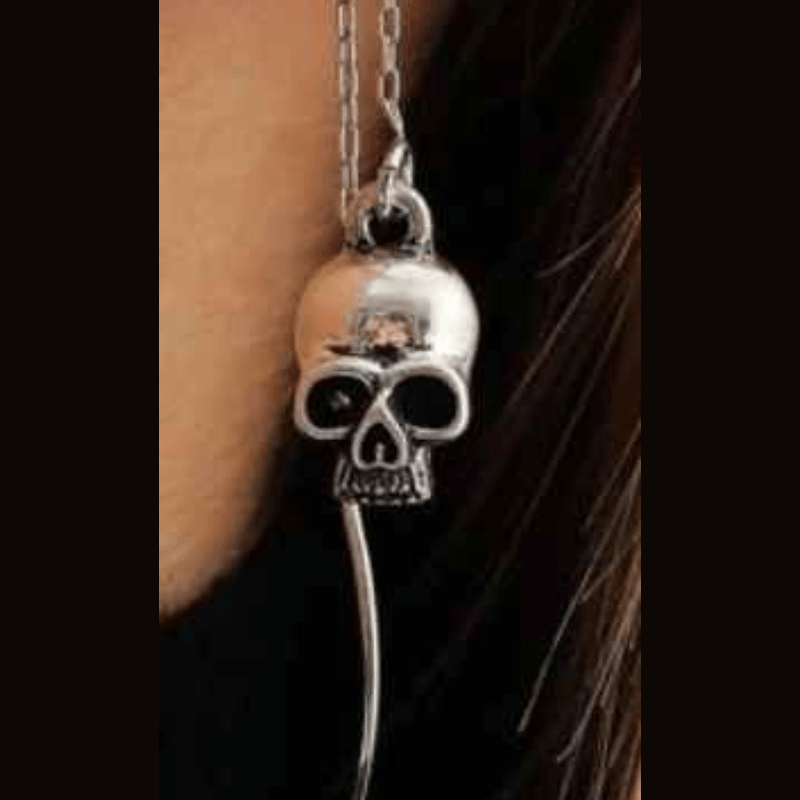 Funky Skull Threader Earrings, 3.3 inches long, featuring intricate skull design, perfect for Halloween or everyday wear.