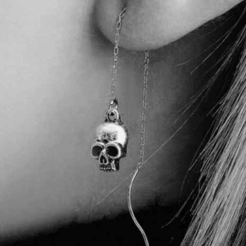 Funky Skull Threader Earrings, 3.3 inches long, featuring intricate skull design, perfect for Halloween or everyday wear.