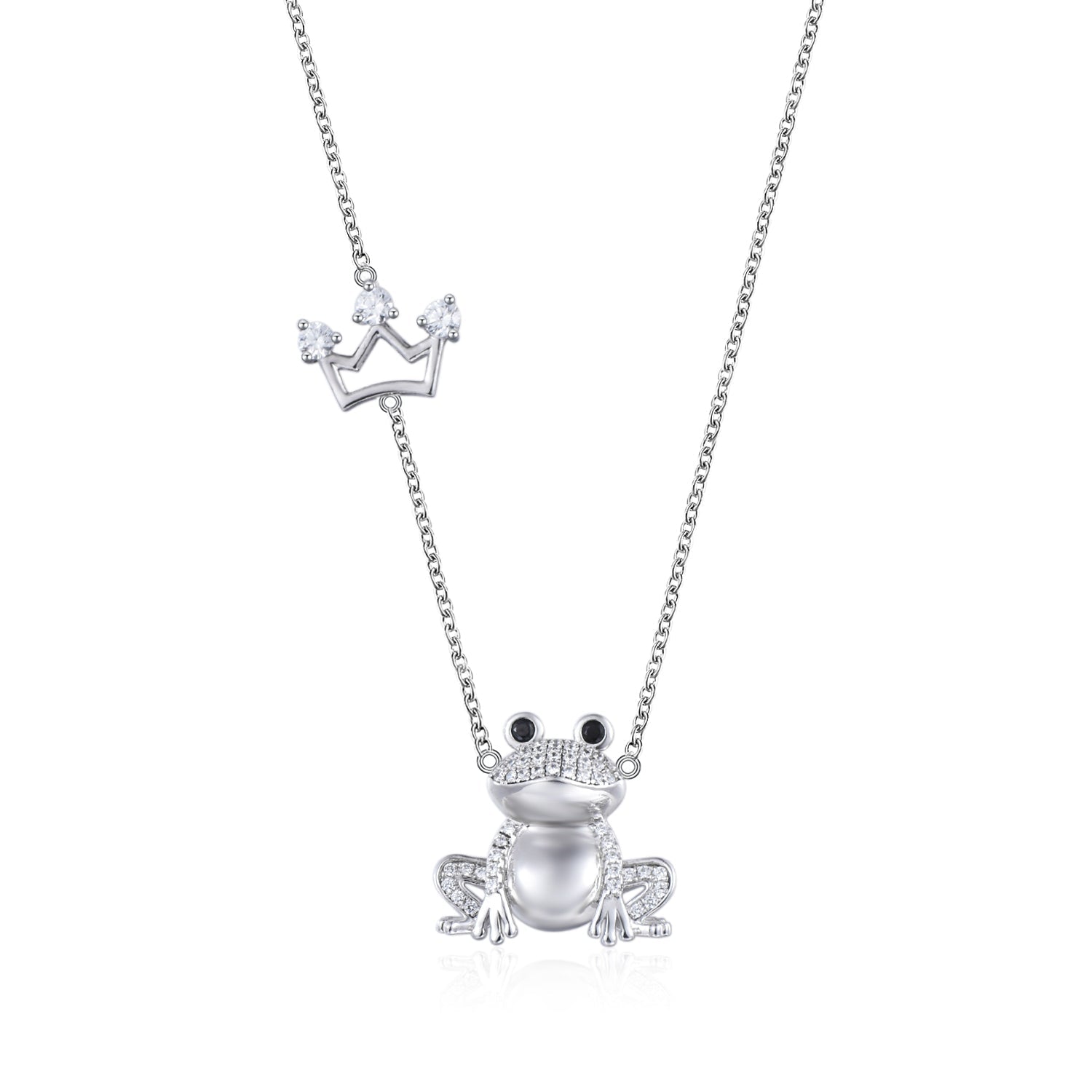 A whimsical funny frog necklace made of 925 sterling silver with white sapphire, showcasing a playful frog design.