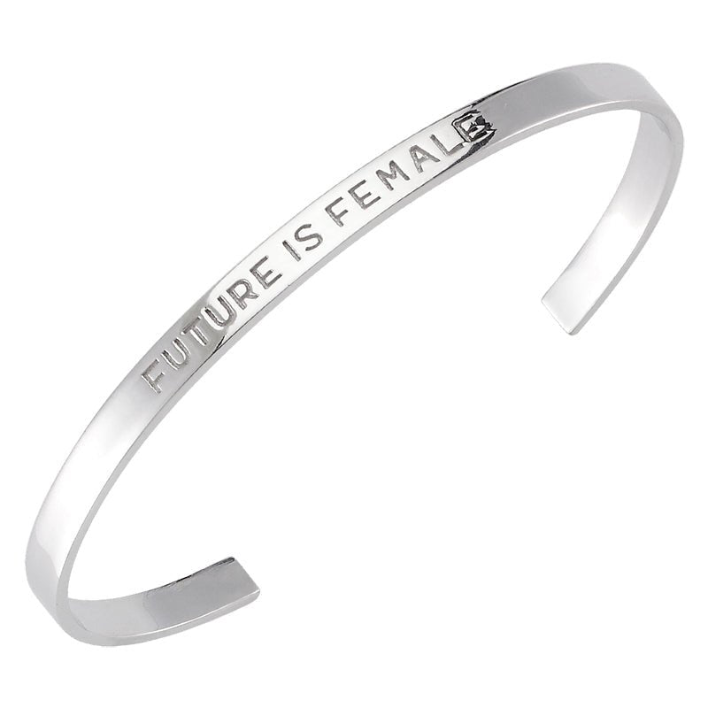 Future is Female Silver Engraved Bracelet Cuff showcasing elegant design and empowering message, made from 925 sterling silver.