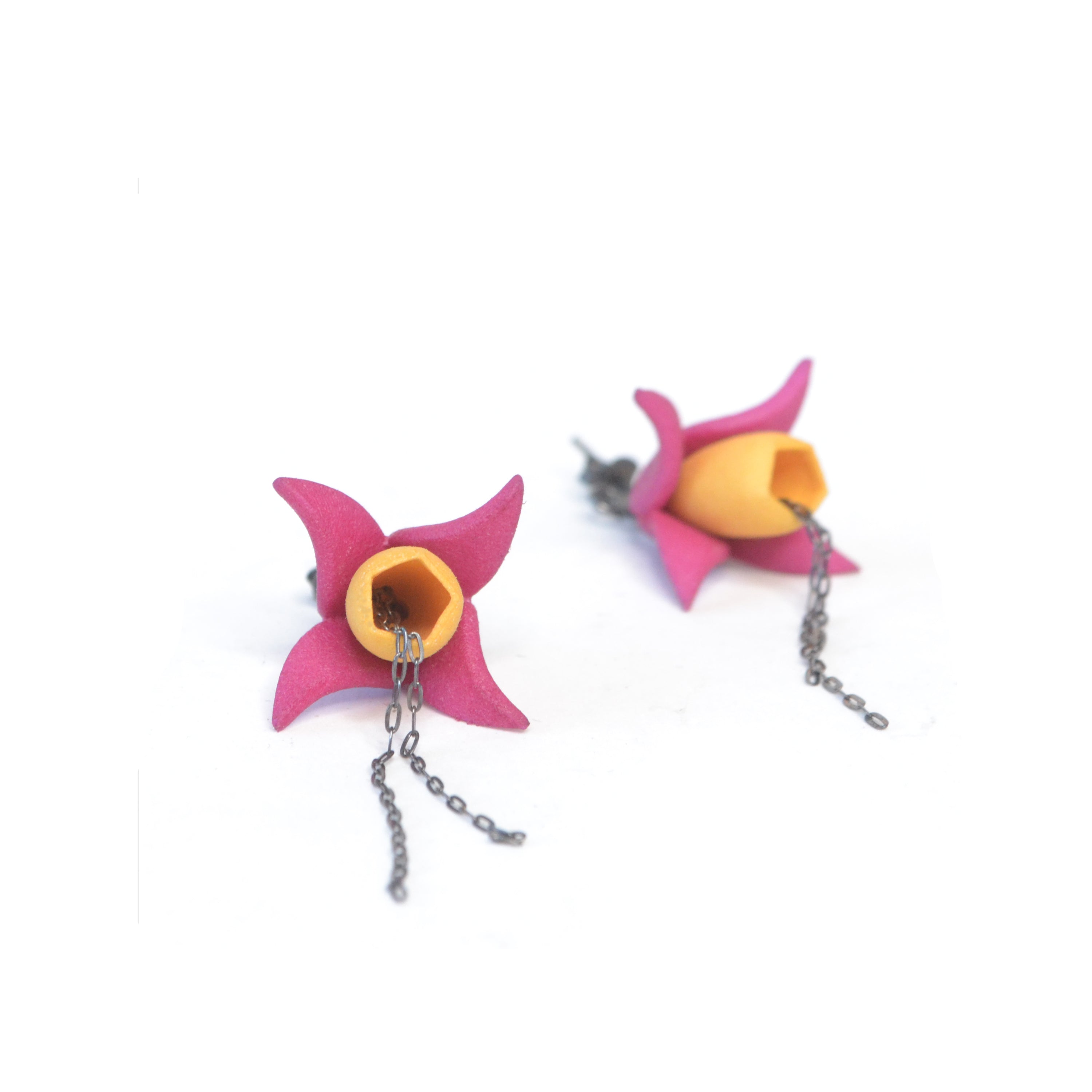 Fuxia Earrings featuring multicolored floral designs made from 3D printed nylon and oxidized sterling silver, showcasing a modern and vibrant aesthetic.