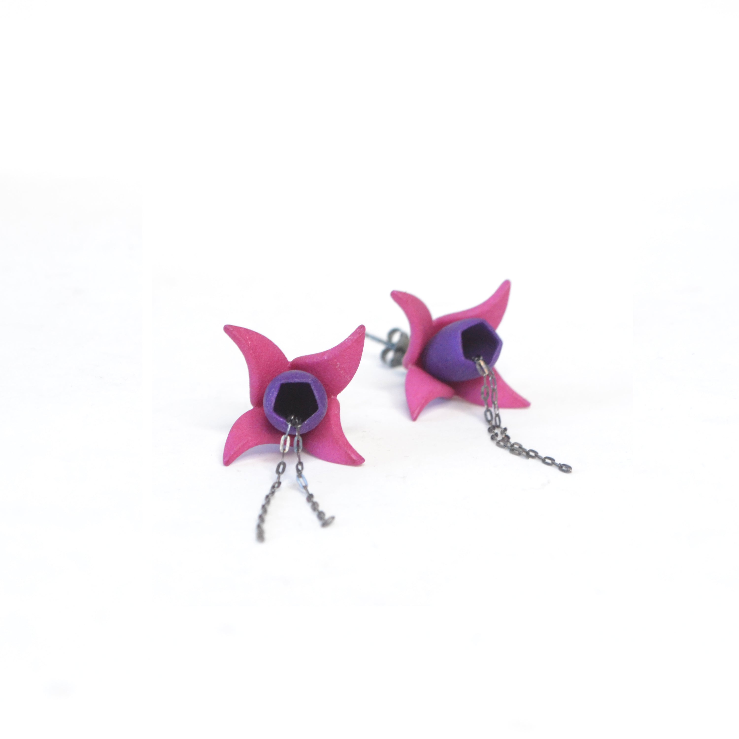 Fuxia Earrings featuring multicolored floral designs made from 3D printed nylon and oxidized sterling silver, showcasing a modern and vibrant aesthetic.