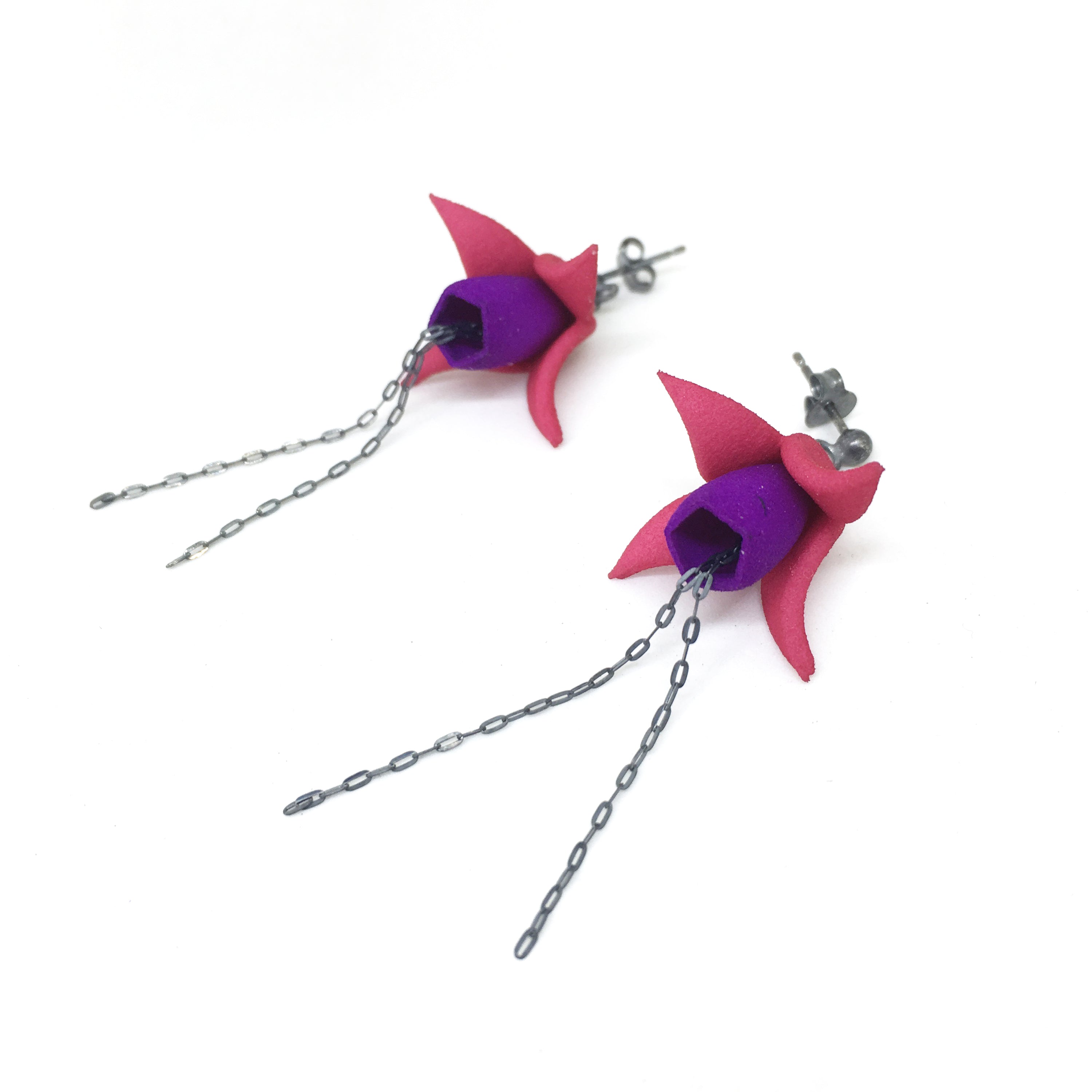 Fuxia Earrings featuring multicolored floral designs made from 3D printed nylon and oxidized sterling silver, showcasing a modern and vibrant aesthetic.