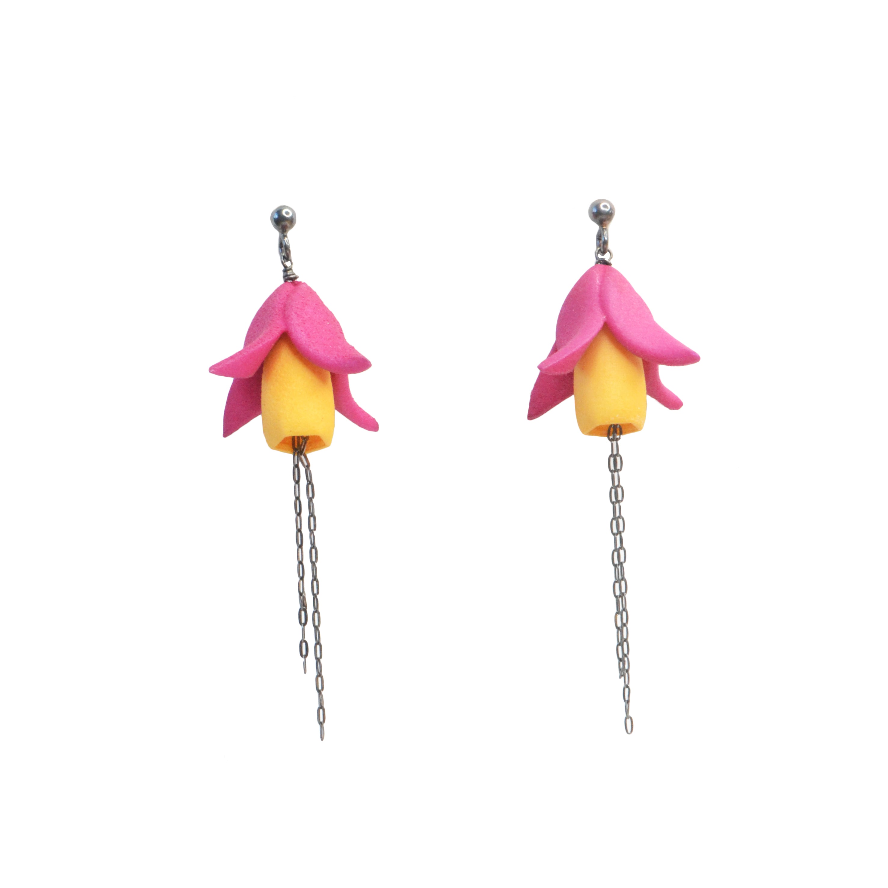 Fuxia Earrings featuring multicolored floral designs made from 3D printed nylon and oxidized sterling silver, showcasing a modern and vibrant aesthetic.