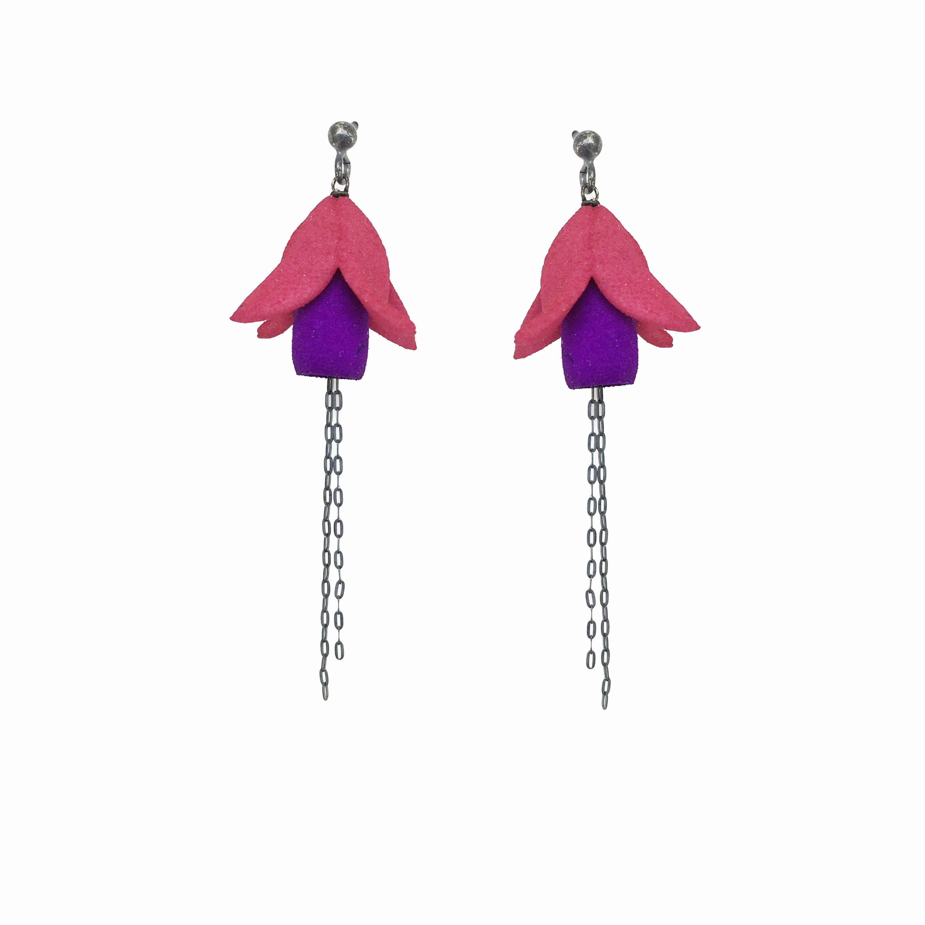 Fuxia Earrings featuring multicolored floral designs made from 3D printed nylon and oxidized sterling silver, showcasing a modern and vibrant aesthetic.