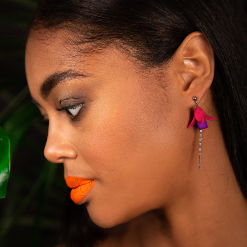 Fuxia Earrings featuring multicolored floral designs made from 3D printed nylon and oxidized sterling silver, showcasing a modern and vibrant aesthetic.