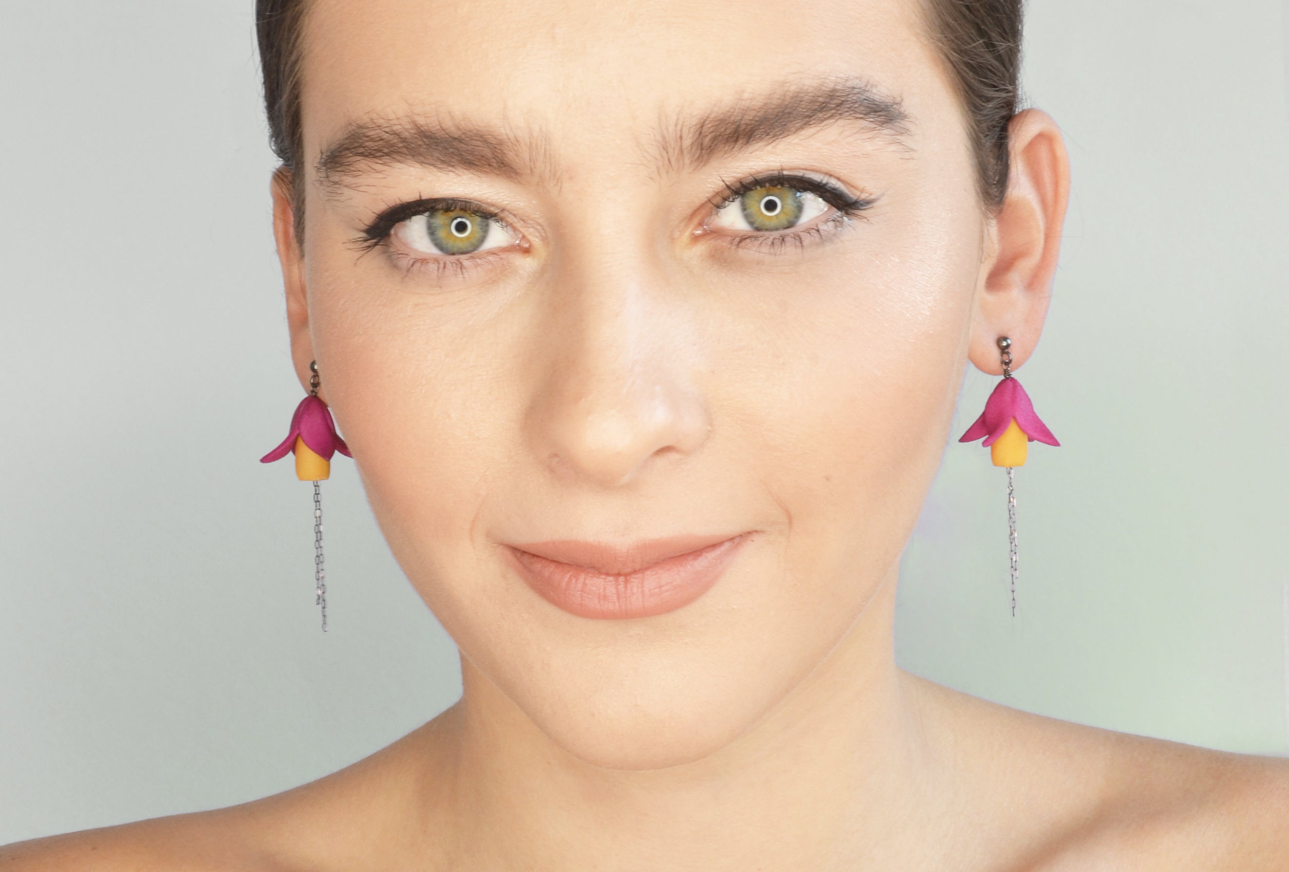 Fuxia Earrings featuring multicolored floral designs made from 3D printed nylon and oxidized sterling silver, showcasing a modern and vibrant aesthetic.