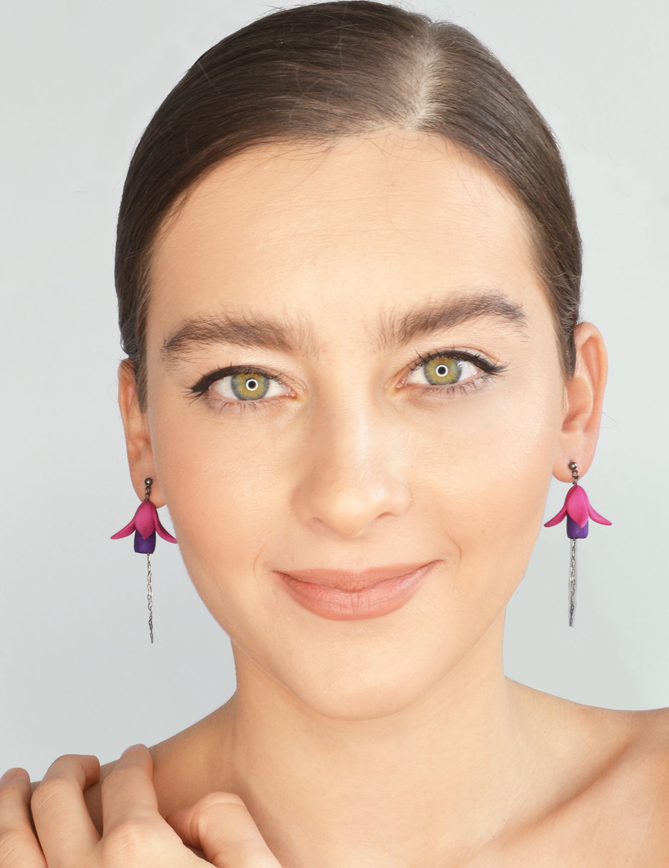 Fuxia Earrings featuring multicolored floral designs made from 3D printed nylon and oxidized sterling silver, showcasing a modern and vibrant aesthetic.