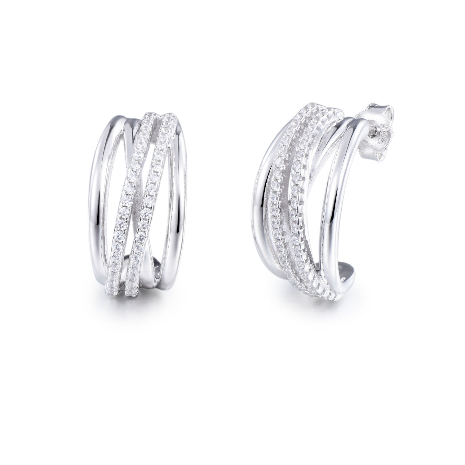 Galaxy Omega stud earrings made of 925 sterling silver with white sapphire, showcasing a luxurious design.