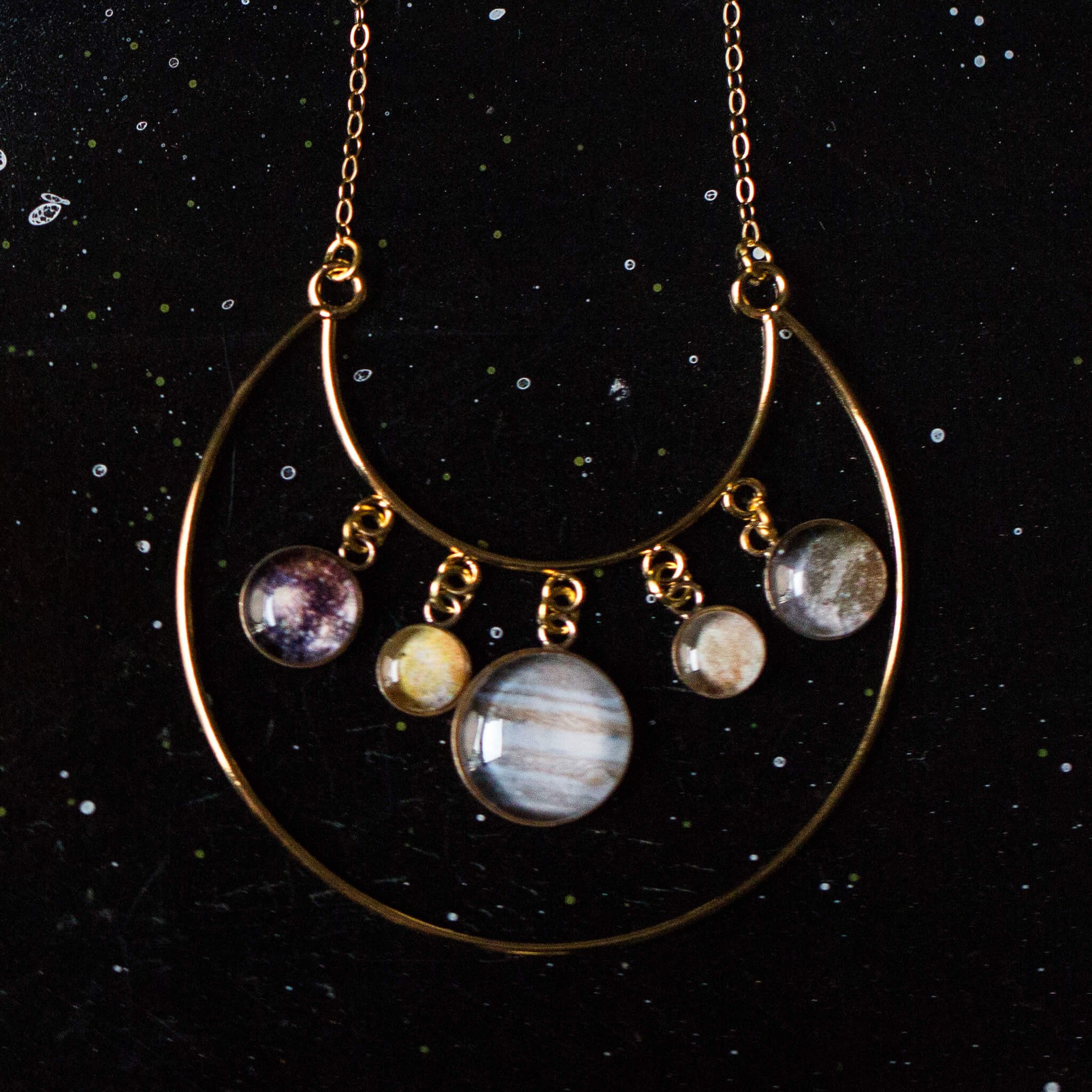 Galilean Moons of Jupiter Statement Necklace featuring Jupiter and its four largest moons in a stunning gold design.