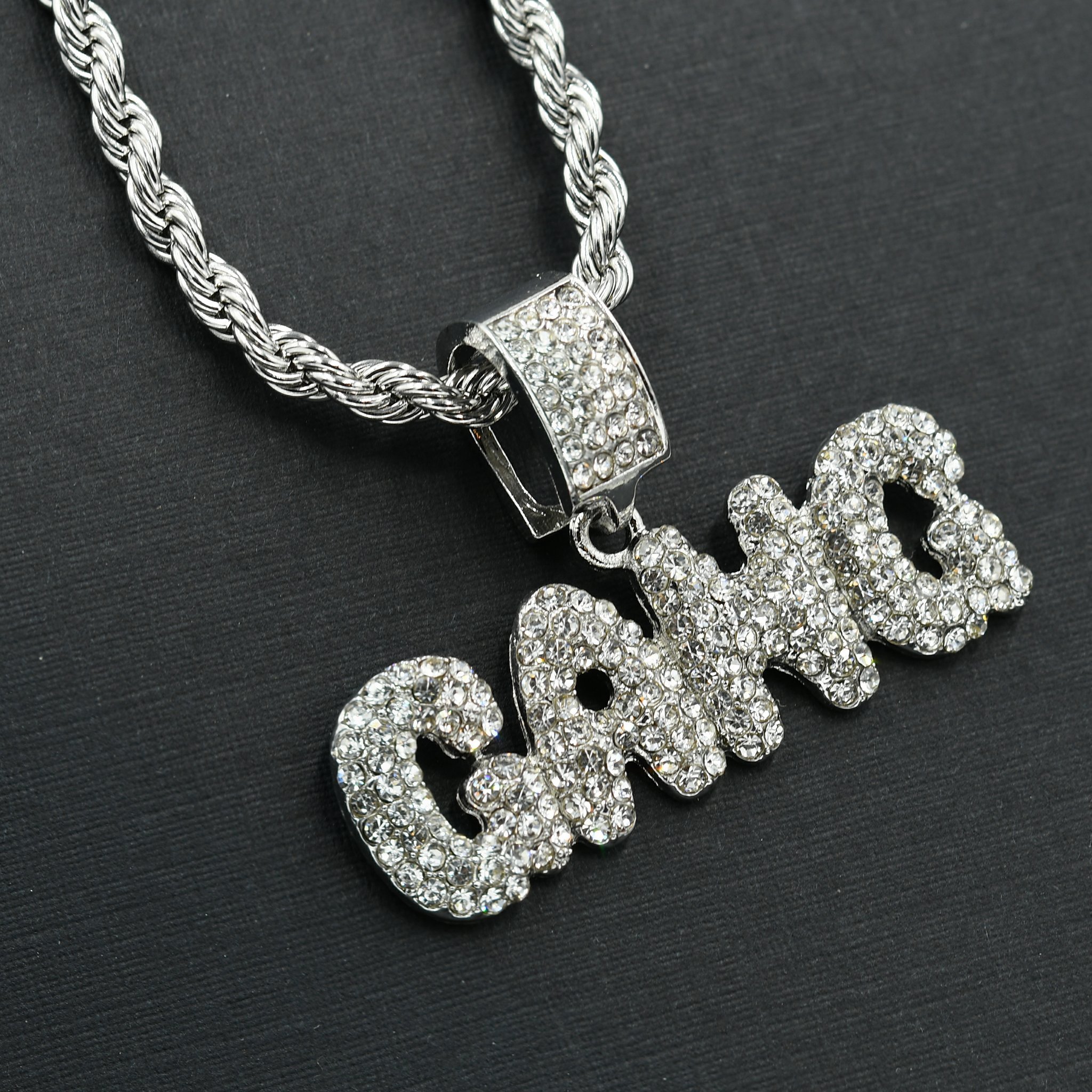 GANG CHAIN AND CHARM - D90091 featuring a crystal stone studded pendant on a 24'' rope chain, showcasing intricate hip-hop jewelry design.