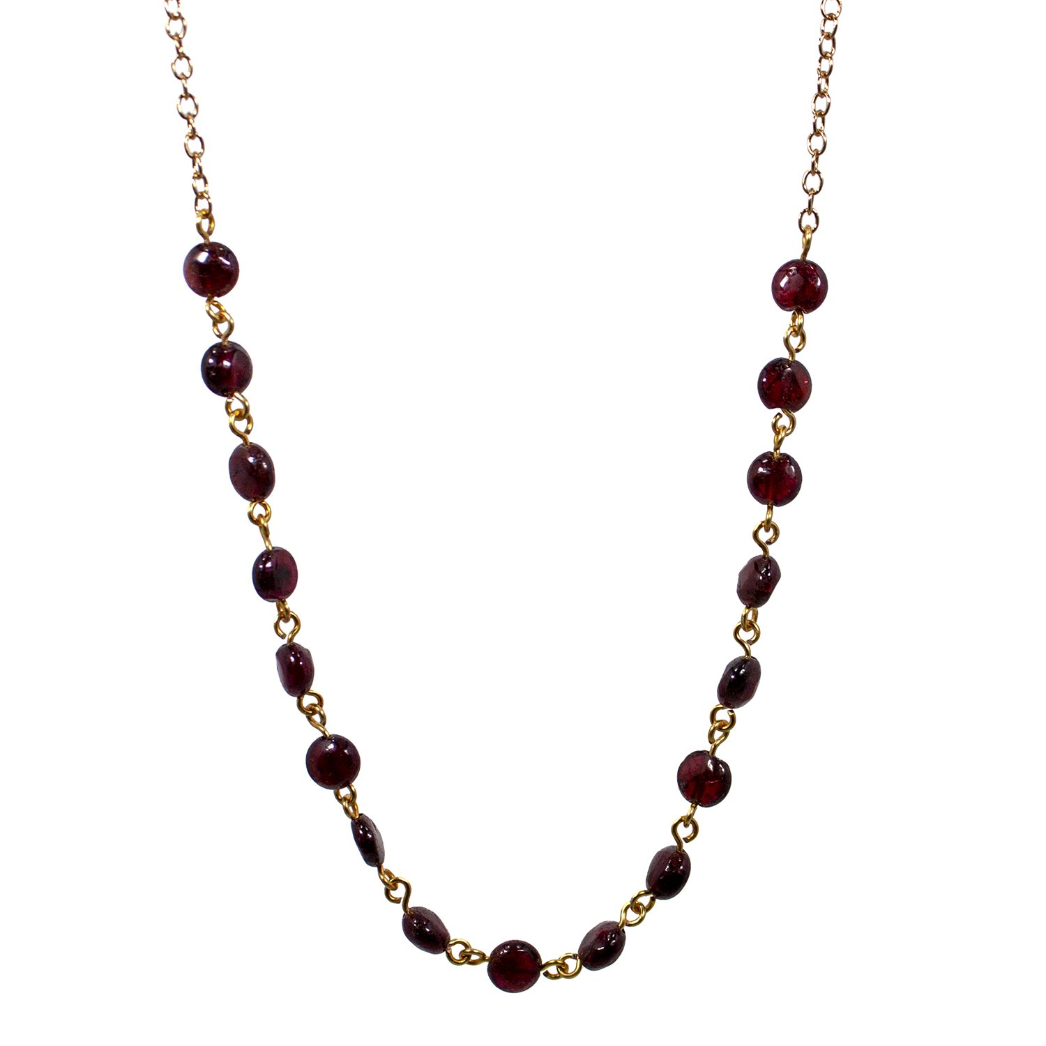 Elegant garnet coin chain necklace featuring linked garnet beads and gold accents, perfect for versatile styling.