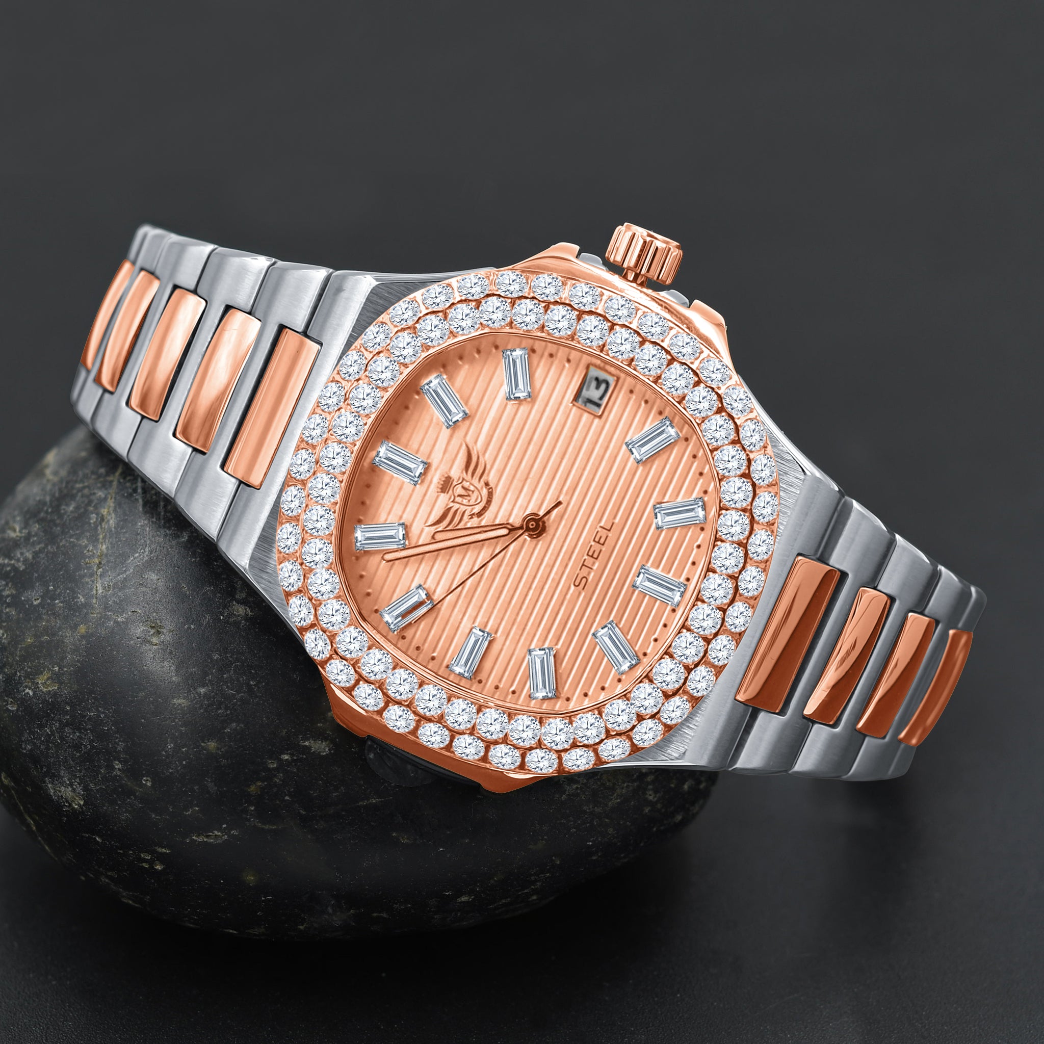 GAYLORD Automatic Steel Watch featuring a round CZ stoned dial and sleek stainless steel band, perfect for any occasion.