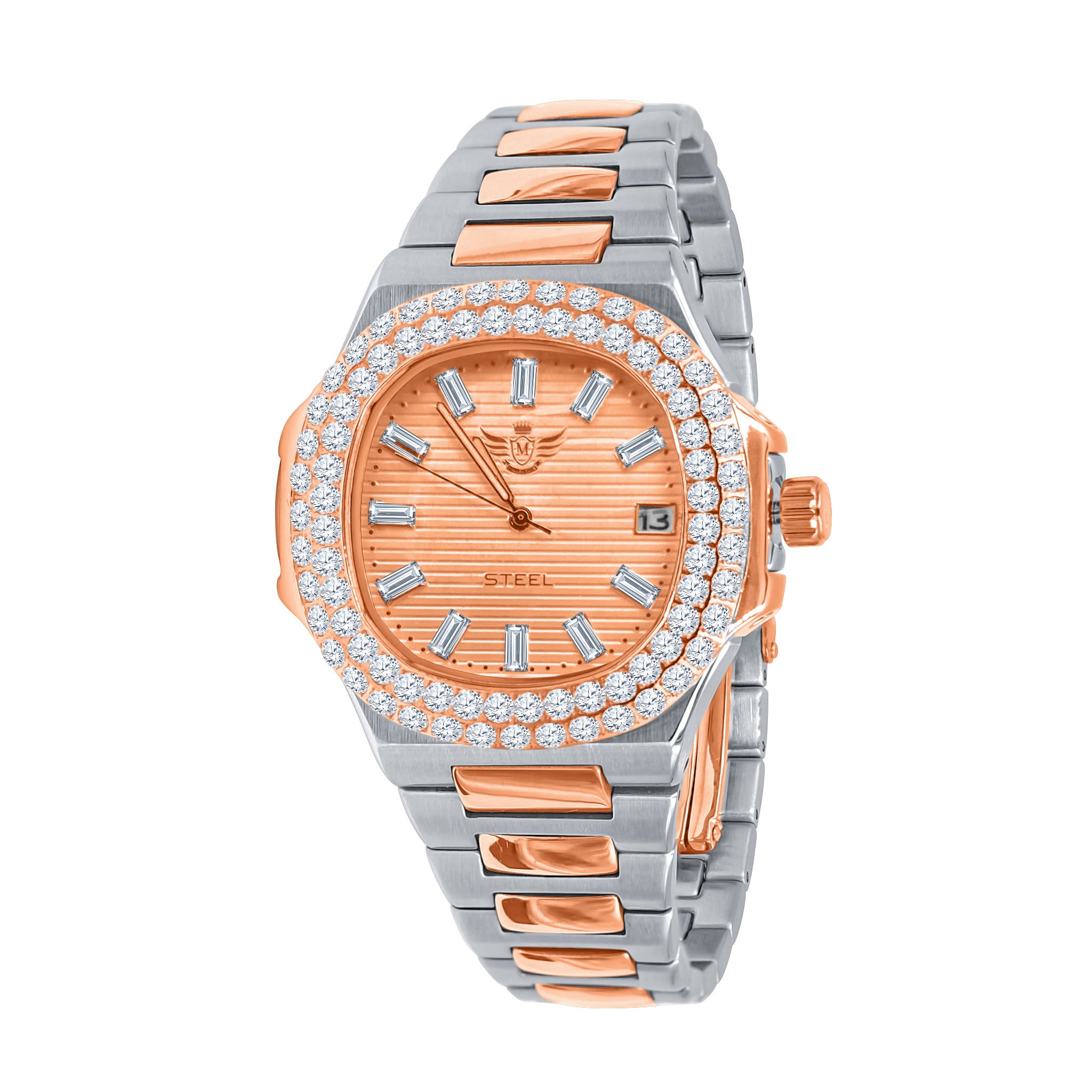 GAYLORD Automatic Steel Watch featuring a round CZ stoned dial and sleek stainless steel band, perfect for any occasion.