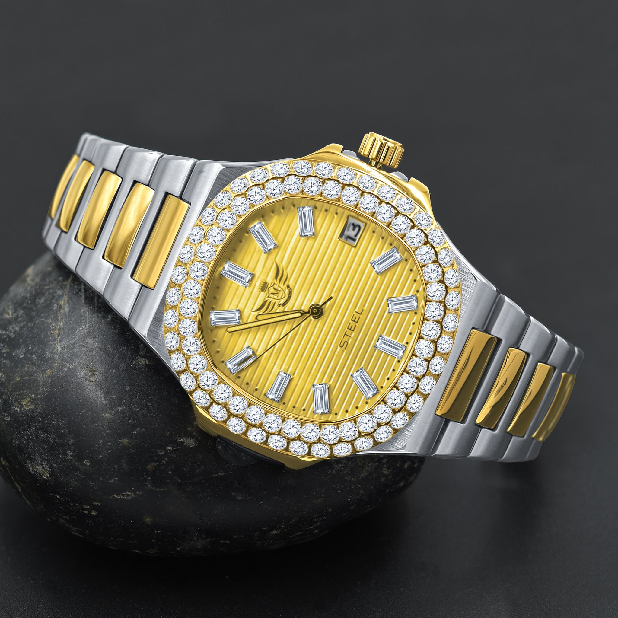 GAYLORD Automatic Steel Watch featuring a CZ stone dial and stainless steel band, showcasing luxury and elegance.