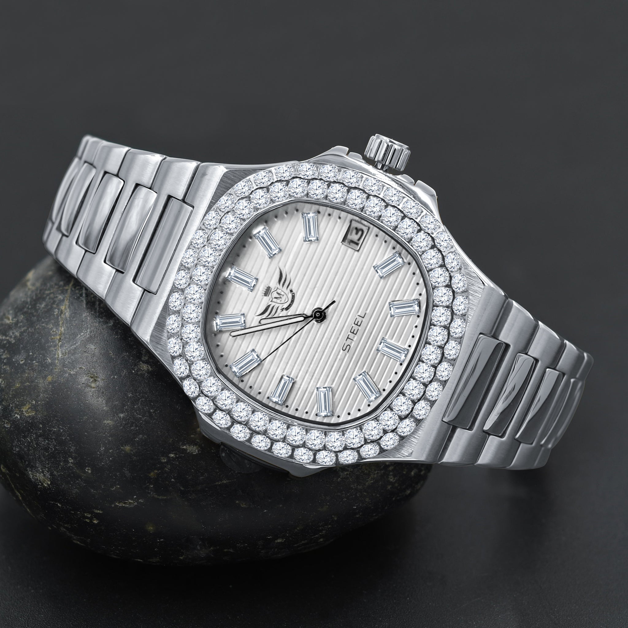 GAYLORD Automatic Steel Watch featuring a round CZ stoned dial and sleek stainless steel band, perfect for any occasion.