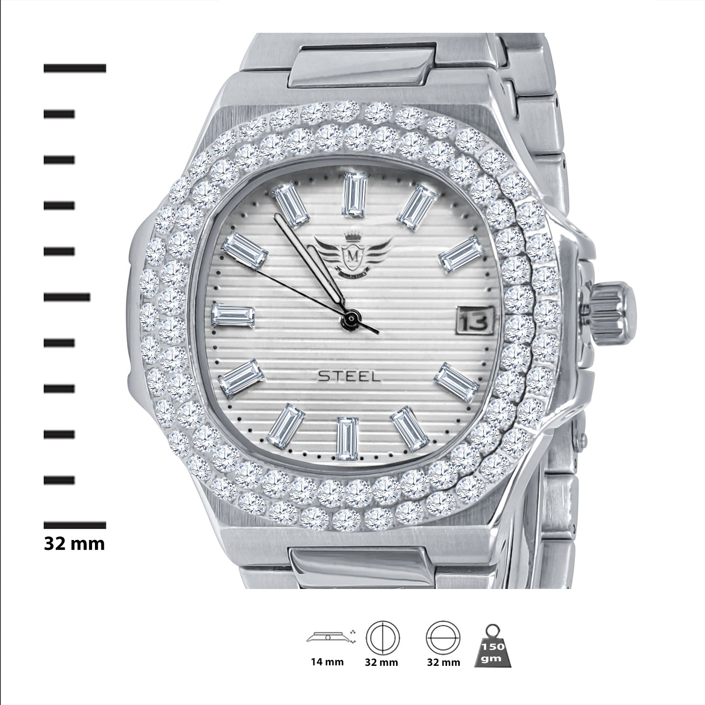 GAYLORD Automatic Steel Watch featuring a round CZ stoned dial and sleek stainless steel band, perfect for any occasion.