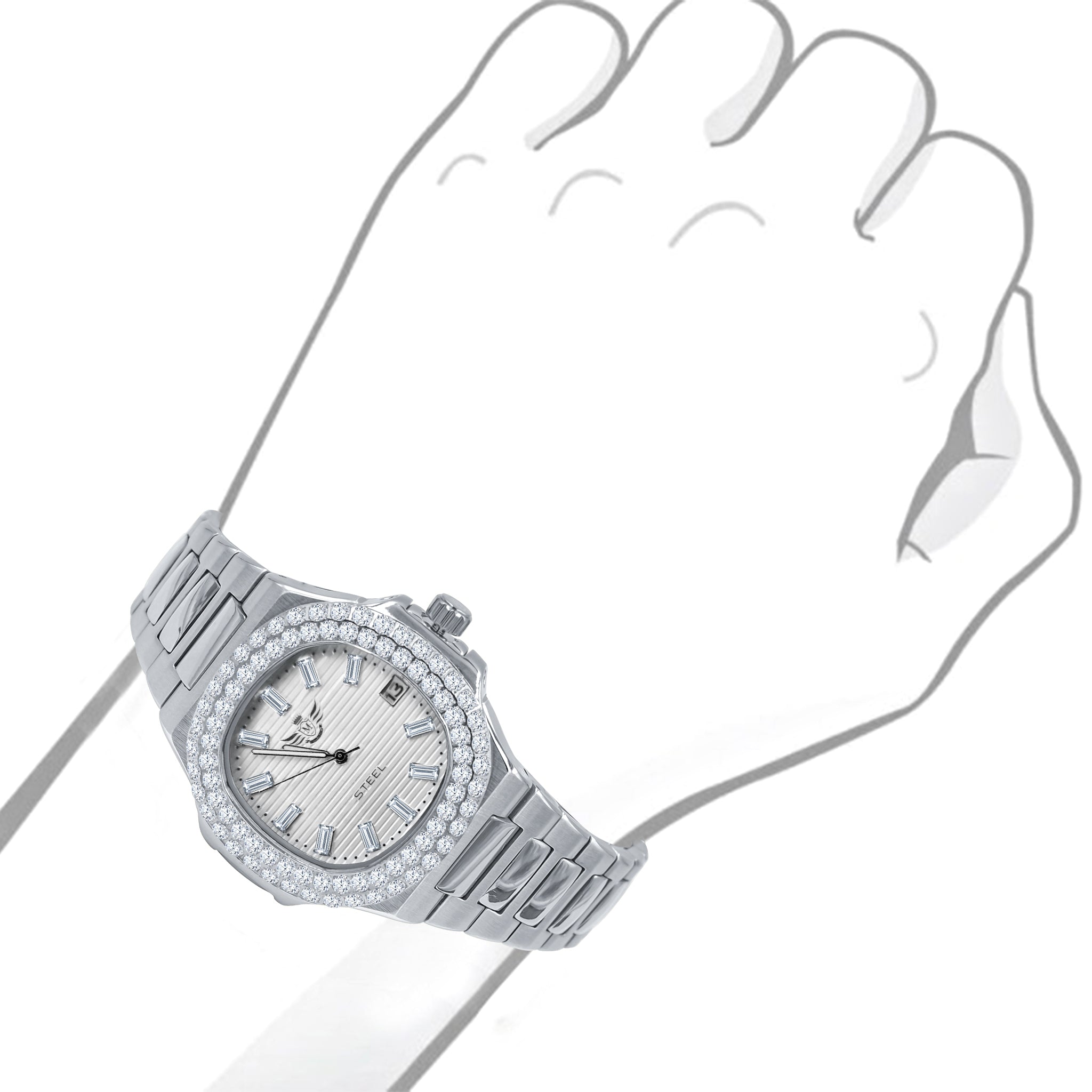 GAYLORD Automatic Steel Watch featuring a round CZ stoned dial and sleek stainless steel band, perfect for any occasion.