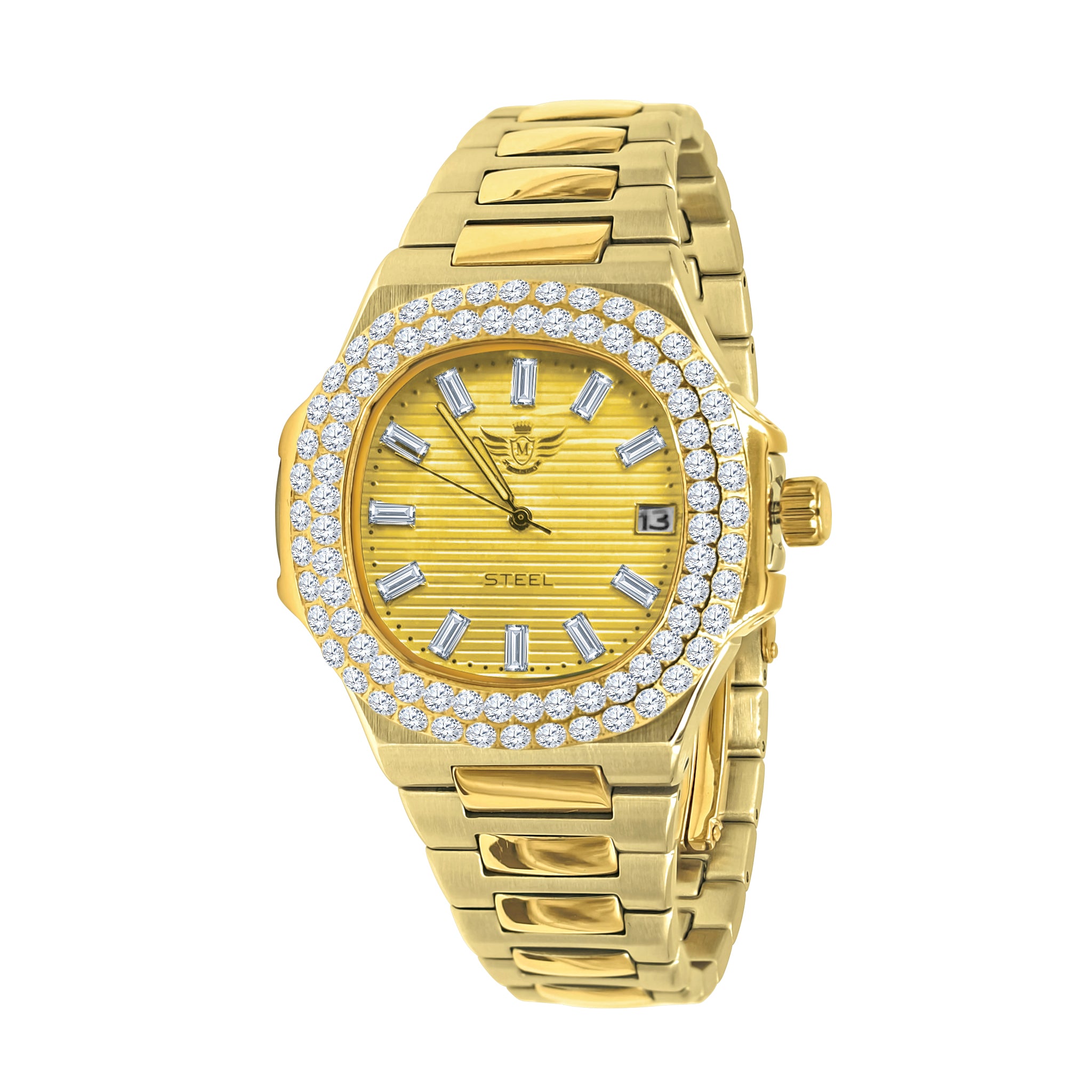 GAYLORD Steel Watch featuring a CZ stoned dial and sleek stainless steel band, showcasing luxury and elegance.