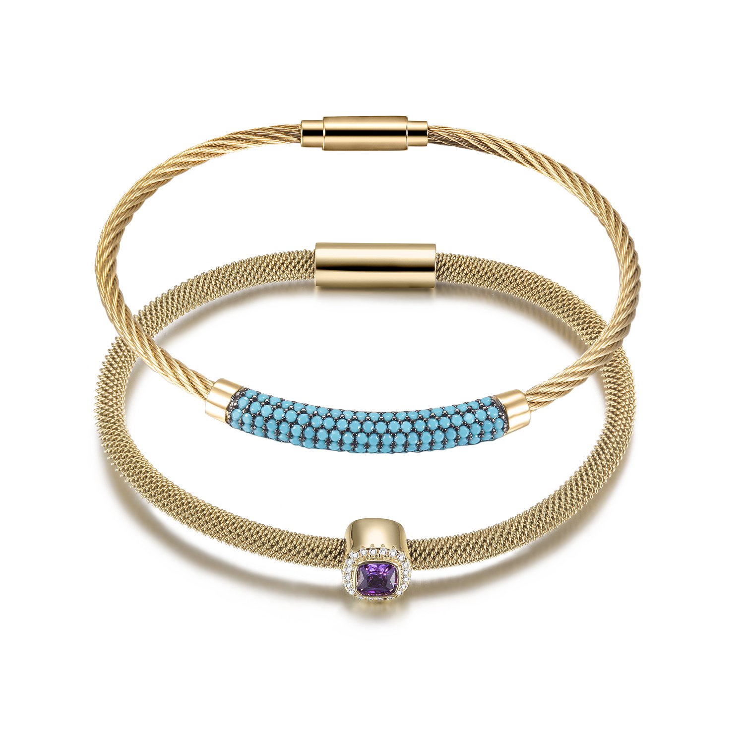 Gemstone CZ Halo Bangle Set featuring Purple/Red center stone and turquoise beading, elegantly designed with a magnetic closure.