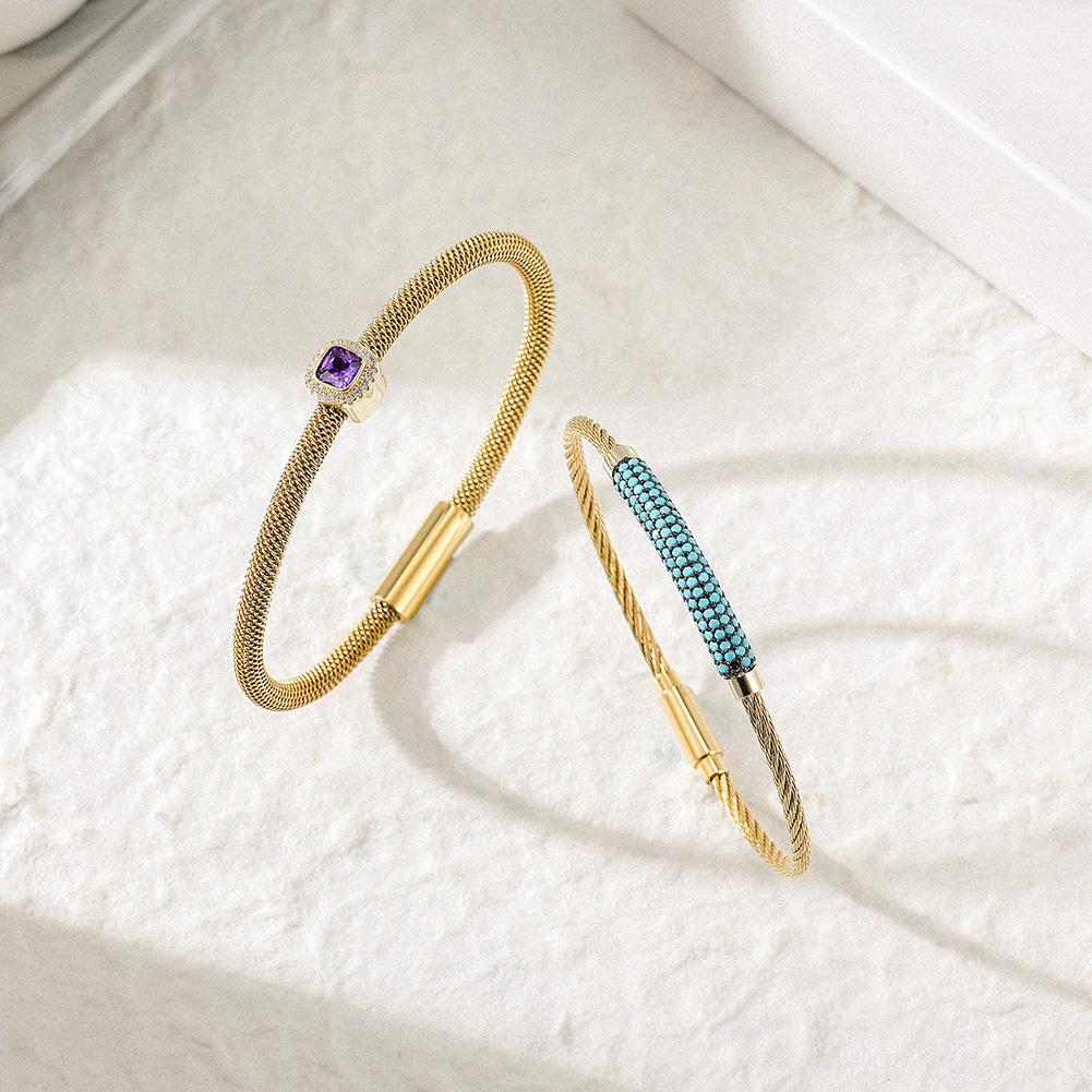 Gemstone CZ Halo Bangle Set featuring Purple/Red center stone and turquoise beading, elegantly designed with a magnetic closure.