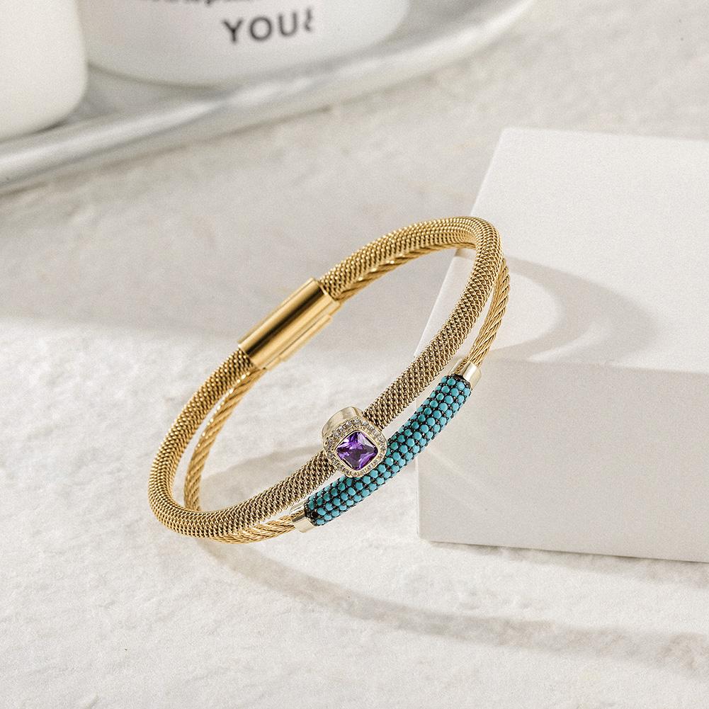 Gemstone CZ Halo Bangle Set featuring Purple/Red center stone and turquoise beading, elegantly designed with a magnetic closure.