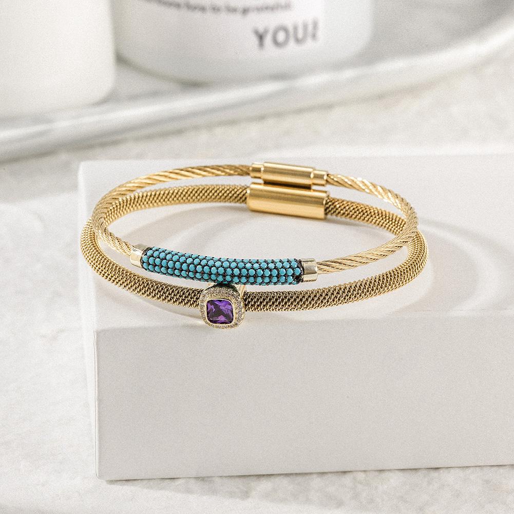 Gemstone CZ Halo Bangle Set featuring Purple/Red center stone and turquoise beading, elegantly designed with a magnetic closure.