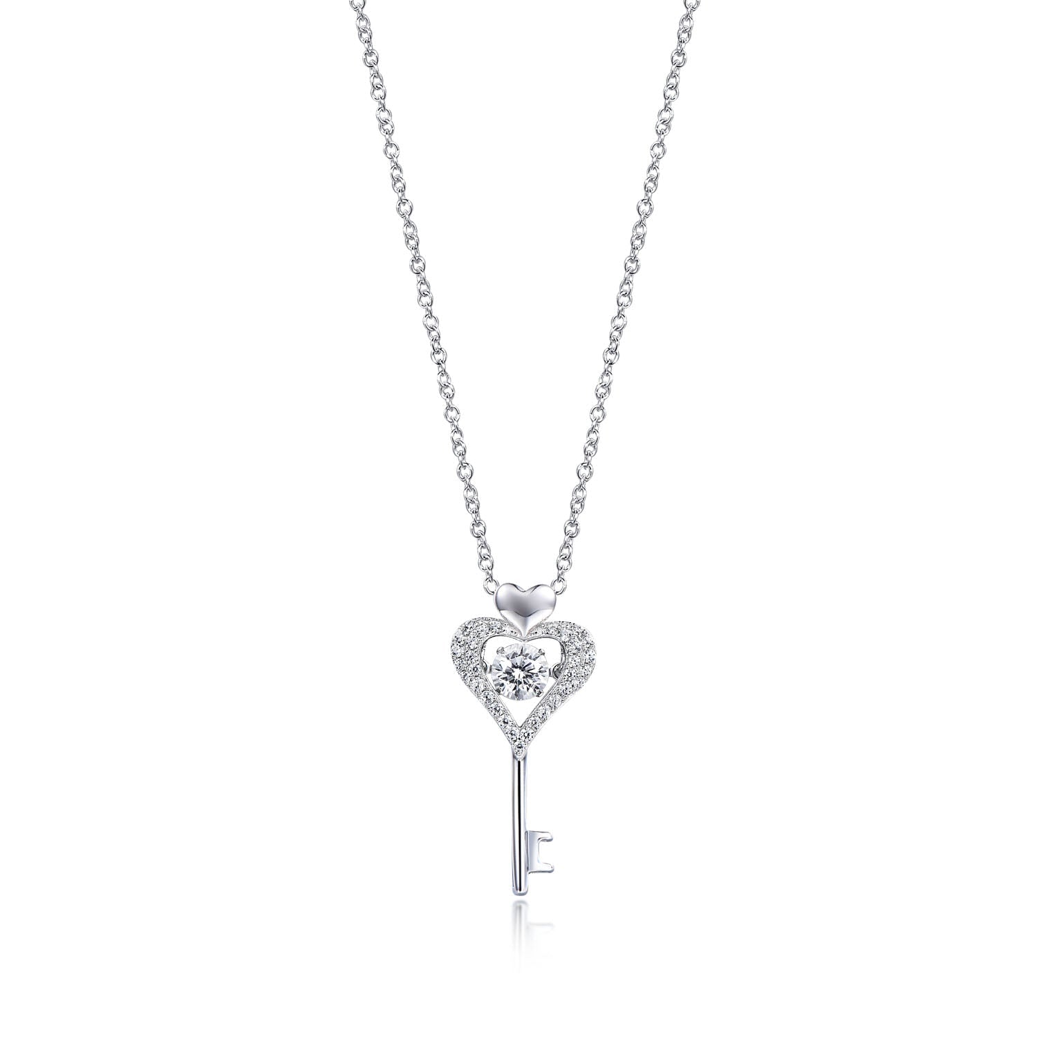 A beautiful Gemstone Key Necklace featuring a white sapphire set in 925 sterling silver with a white gold finish, elegantly displayed on a soft background.