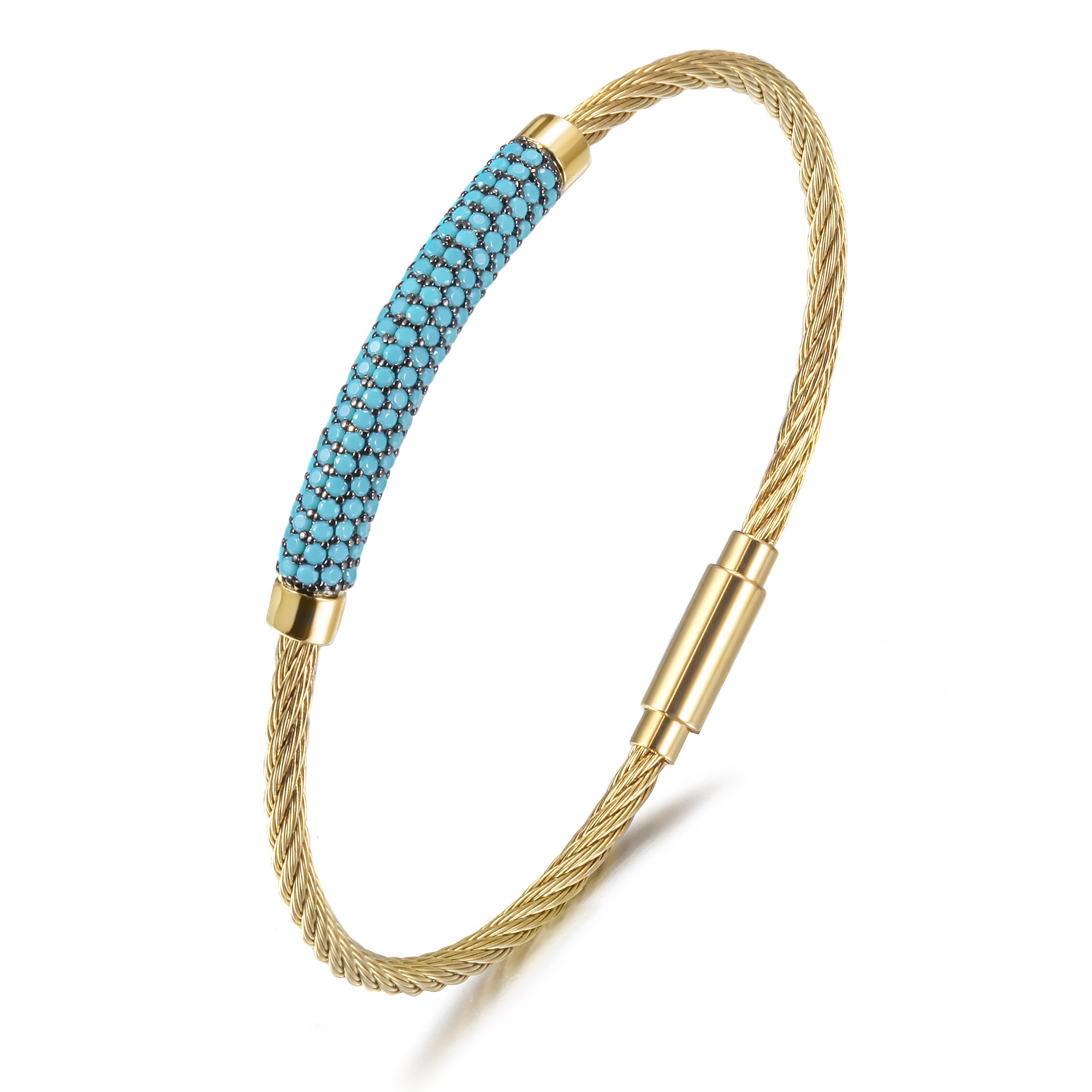 A stylish Gemstone Turquoise Bangle made from surgical stainless steel with 14K gold plating, featuring a vibrant turquoise gemstone.