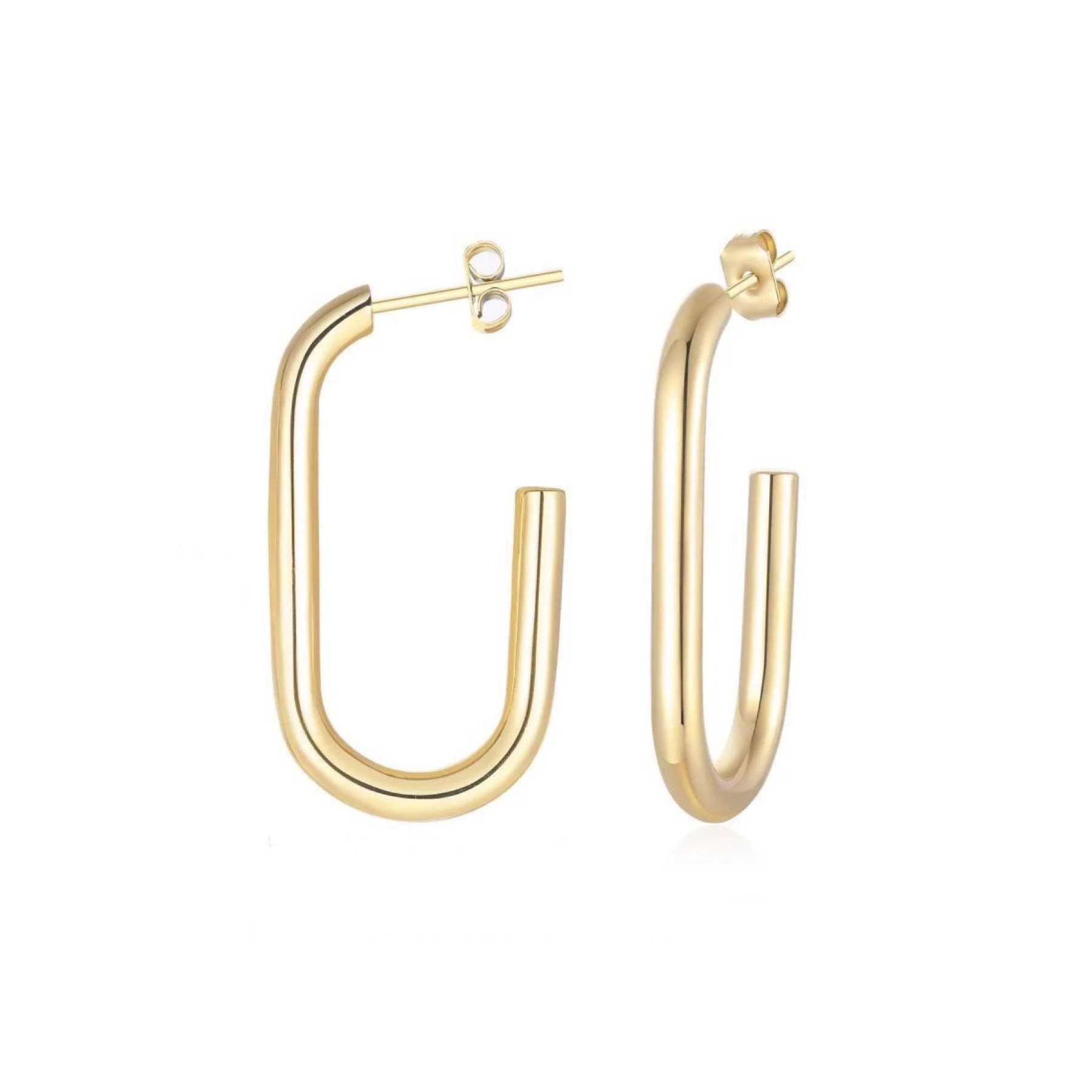 Elegant 18k gold plated Gena Hoop earrings, 33mm in size, hypoallergenic and tarnish resistant.