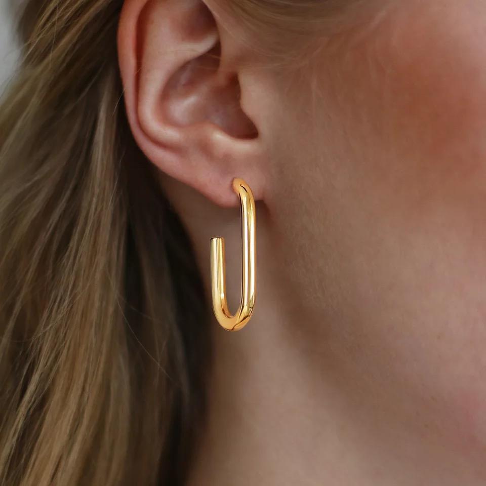 Elegant 18k gold plated Gena Hoop earrings, 33mm in size, hypoallergenic and tarnish resistant.