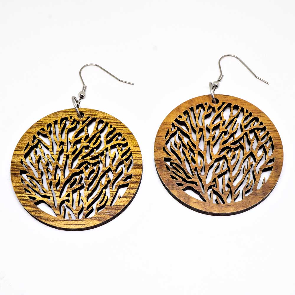 A pair of Genuine Handmade Koa Wood Tree Of Life Earrings showcasing intricate carvings and natural wood grain.