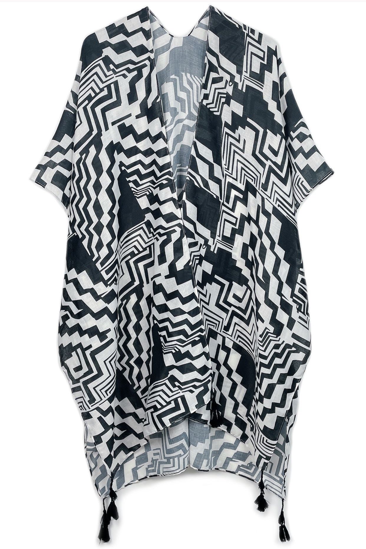 A stylish Geometric Art Kimono featuring an abstract print, lightweight and flowy, perfect for layering over outfits.