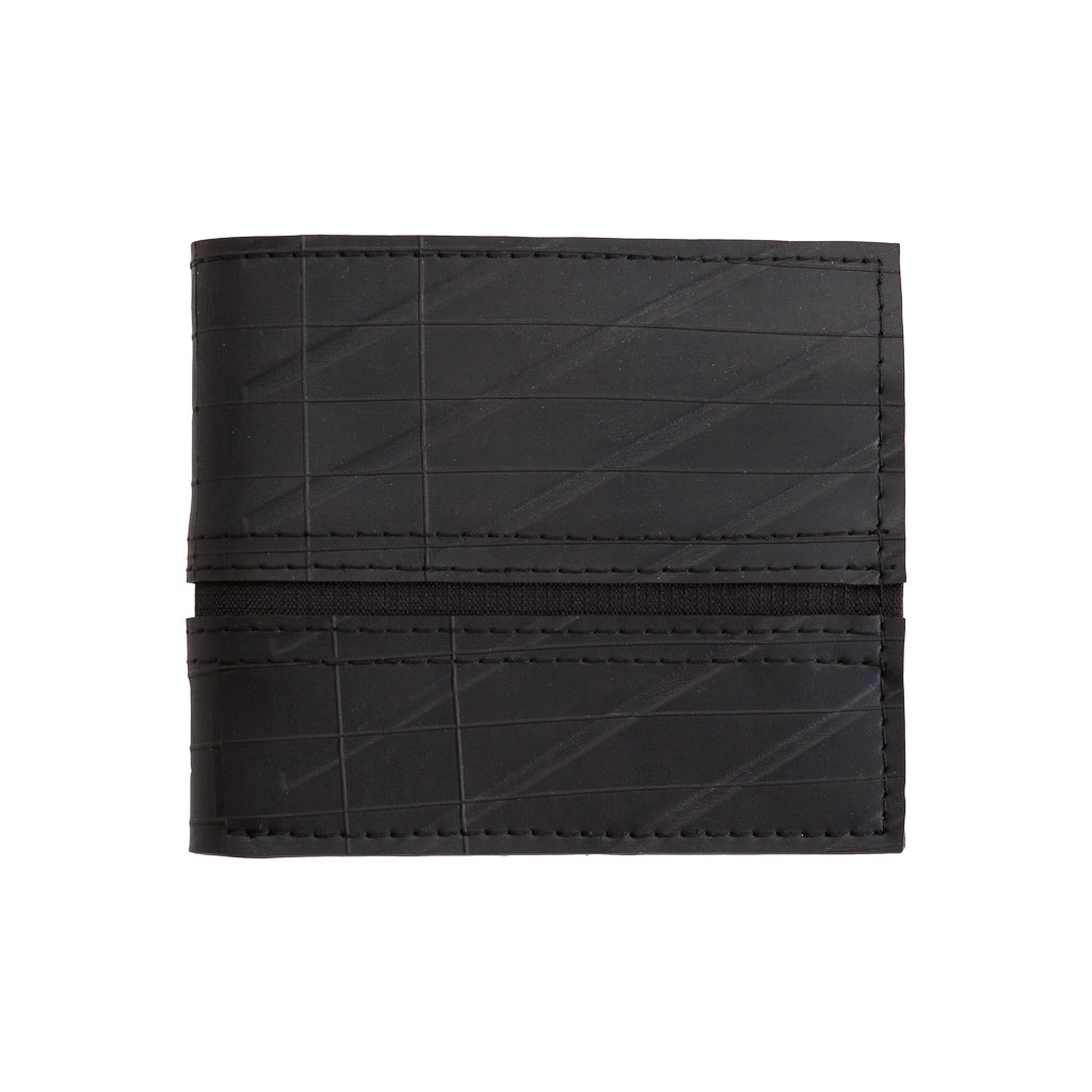 George Inner Tube Vegan Wallet made from reclaimed inner tubes, featuring vibrant stitching and multiple card compartments.