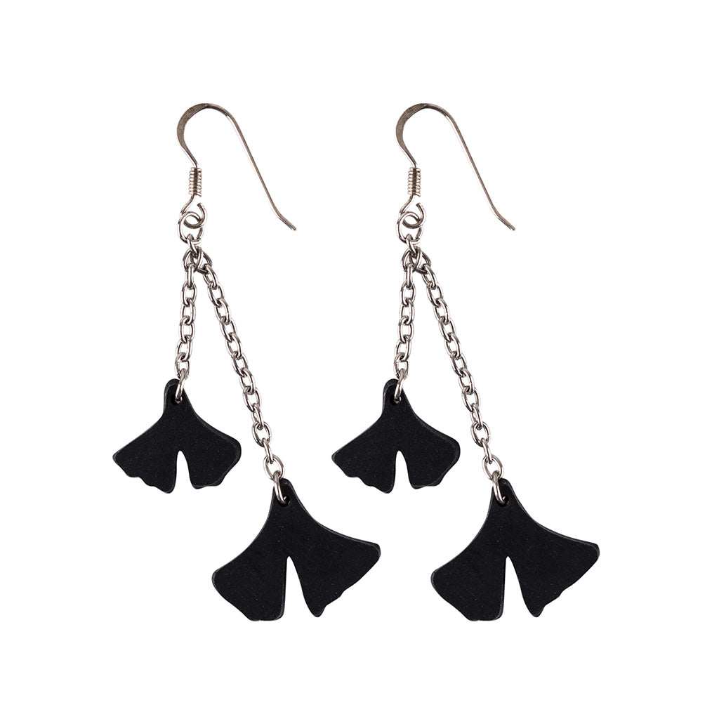 Ginkgo Leaf Inner Tube Earrings handcrafted from reclaimed rubber, featuring a delicate leaf design and silver hooks.