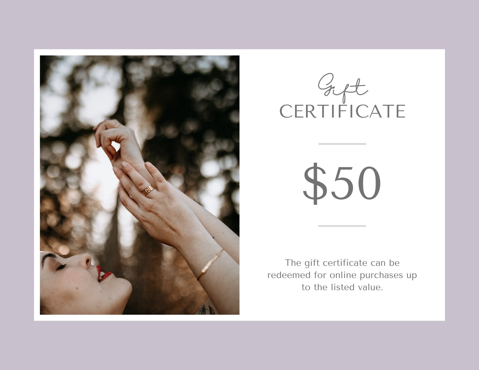 A beautifully designed gift card for nature-inspired jewelry, featuring floral and leaf motifs.