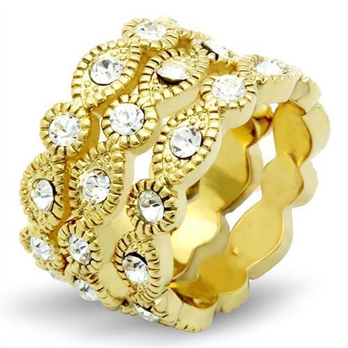 GL026 IP Gold Brass Ring featuring a clear top-grade crystal, showcasing its elegant design and luxurious finish.