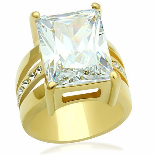 GL089 IP Gold Brass Ring featuring a clear AAA Grade CZ stone, showcasing its elegant design and luxurious finish.