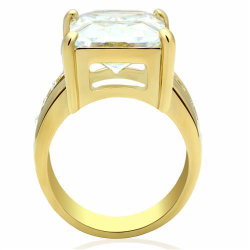 GL089 IP Gold Brass Ring featuring a clear AAA Grade CZ stone, showcasing its elegant design and luxurious finish.