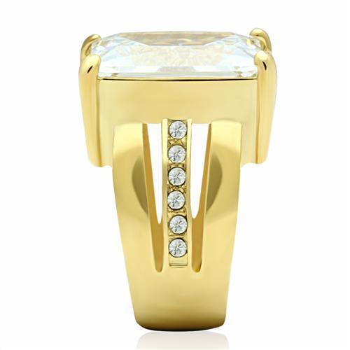 GL089 IP Gold Brass Ring featuring a clear AAA Grade CZ stone, showcasing its elegant design and luxurious finish.